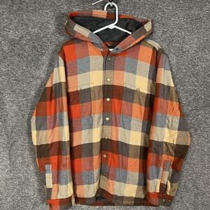LL Bean Jacket Mens Large Plaid Flannel Hooded Fleece Lined Snap Front